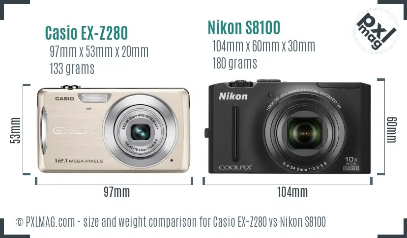 Casio EX-Z280 vs Nikon S8100 size comparison