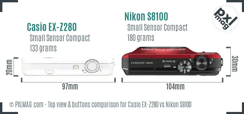 Casio EX-Z280 vs Nikon S8100 top view buttons comparison
