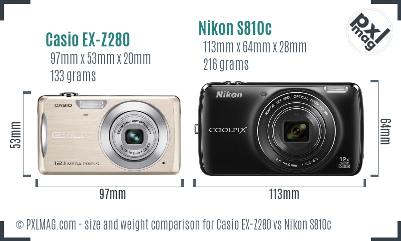 Casio EX-Z280 vs Nikon S810c size comparison Casio EX-Z280 vs Nikon S810c size comparison