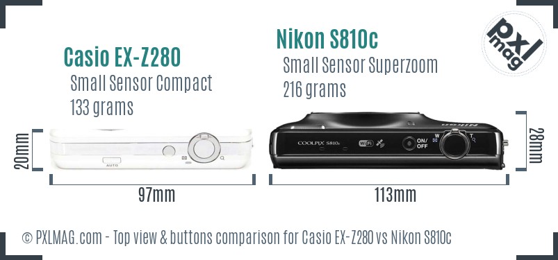 Casio EX-Z280 vs Nikon S810c top view buttons comparison