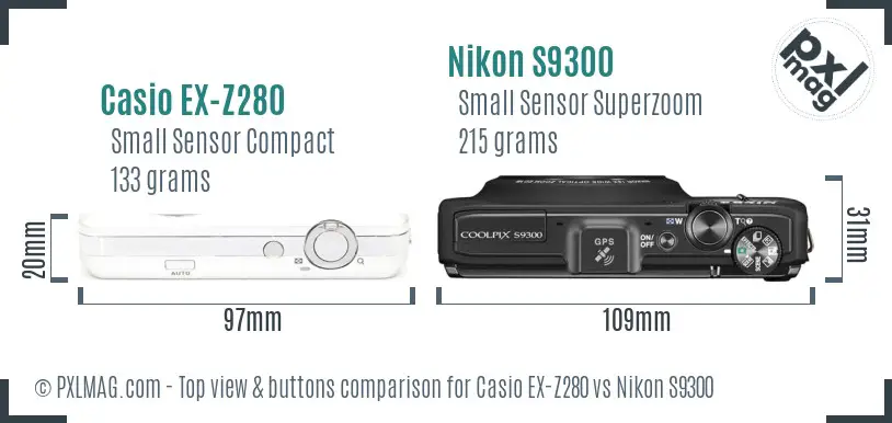 Casio EX-Z280 vs Nikon S9300 top view buttons comparison