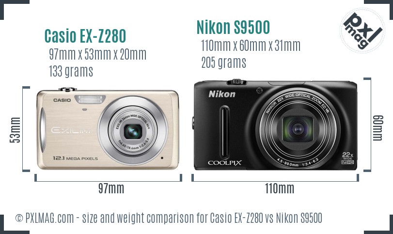 Casio EX-Z280 vs Nikon S9500 size comparison