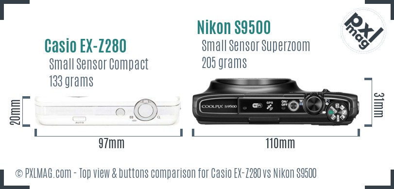 Casio EX-Z280 vs Nikon S9500 top view buttons comparison
