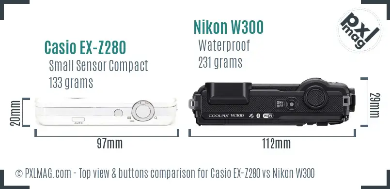 Casio EX-Z280 vs Nikon W300 top view buttons comparison