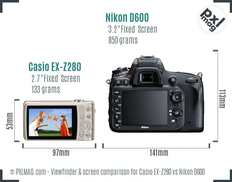 Casio EX-Z280 vs Nikon D600 Screen and Viewfinder comparison