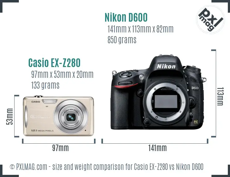 Casio EX-Z280 vs Nikon D600 size comparison