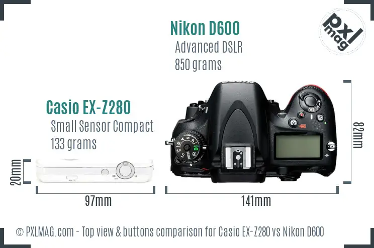 Casio EX-Z280 vs Nikon D600 top view buttons comparison