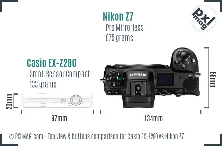 Casio EX-Z280 vs Nikon Z7 top view buttons comparison
