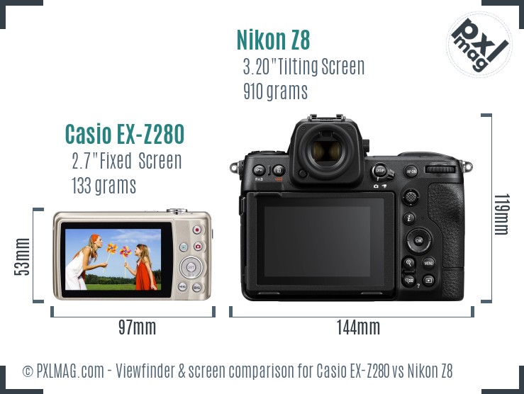 Casio EX-Z280 vs Nikon Z8 Screen and Viewfinder comparison