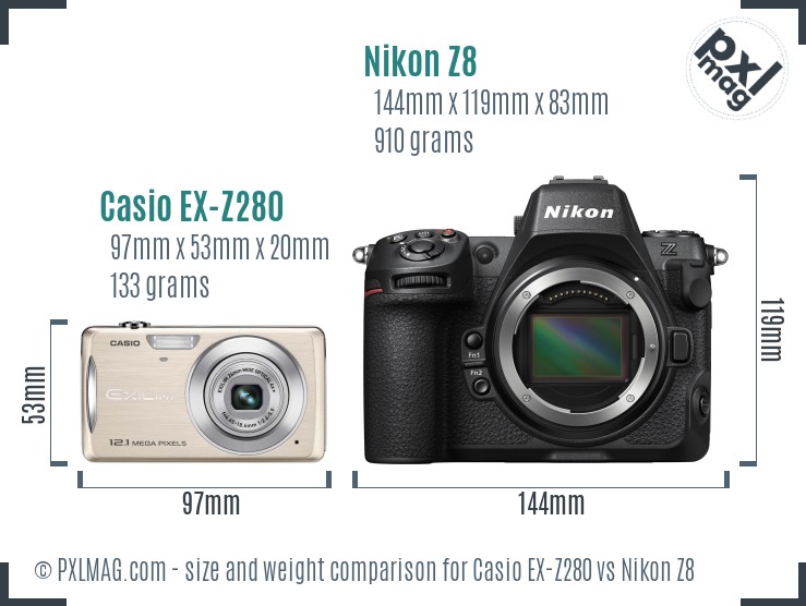 Casio EX-Z280 vs Nikon Z8 size comparison