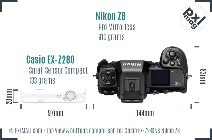 Casio EX-Z280 vs Nikon Z8 top view buttons comparison