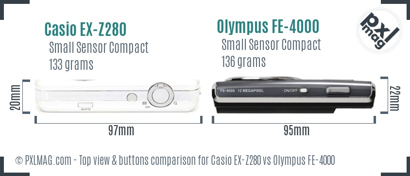 Casio EX-Z280 vs Olympus FE-4000 top view buttons comparison