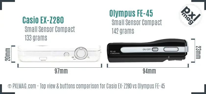 Casio EX-Z280 vs Olympus FE-45 top view buttons comparison