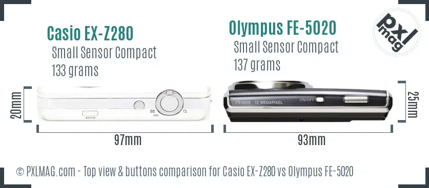 Casio EX-Z280 vs Olympus FE-5020 top view buttons comparison