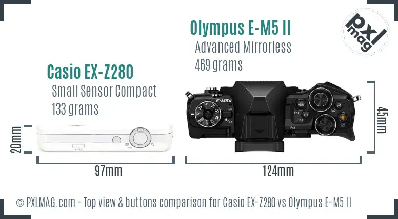 Casio EX-Z280 vs Olympus E-M5 II top view buttons comparison