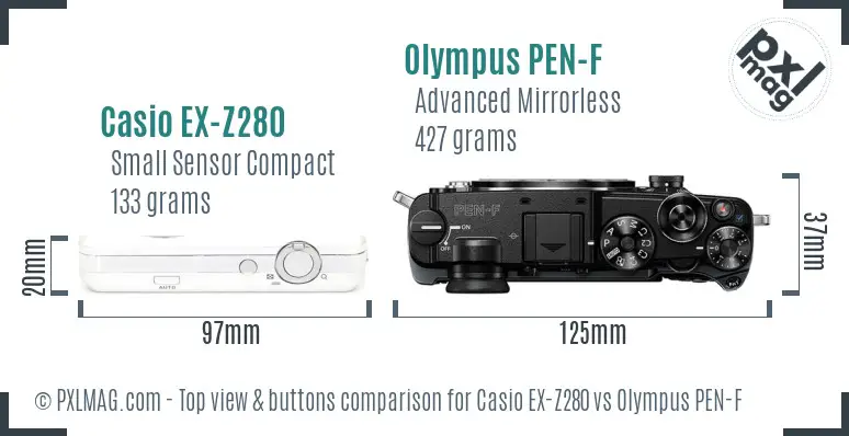 Casio EX-Z280 vs Olympus PEN-F top view buttons comparison