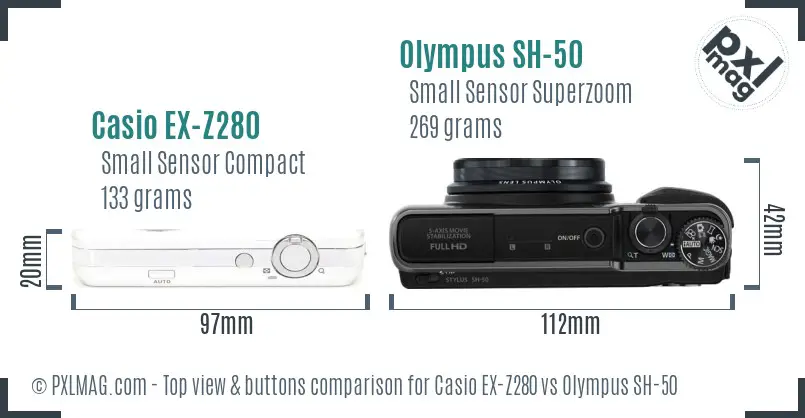 Casio EX-Z280 vs Olympus SH-50 top view buttons comparison Casio EX-Z280 vs Olympus SH-50 top view buttons comparison
