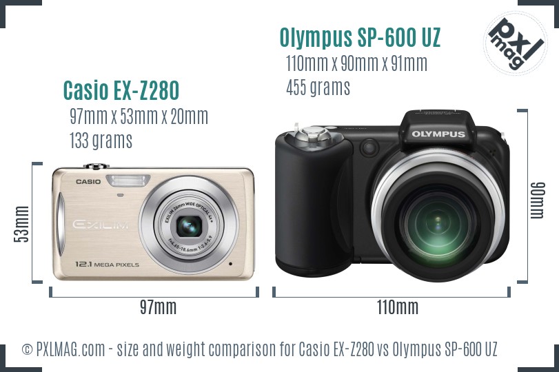 Casio EX-Z280 vs Olympus SP-600 UZ size comparison Casio EX-Z280 vs Olympus SP-600 UZ size comparison