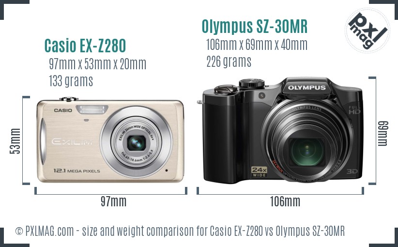 Casio EX-Z280 vs Olympus SZ-30MR size comparison Casio EX-Z280 vs Olympus SZ-30MR size comparison