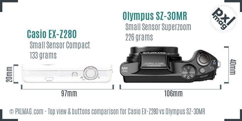 Casio EX-Z280 vs Olympus SZ-30MR top view buttons comparison