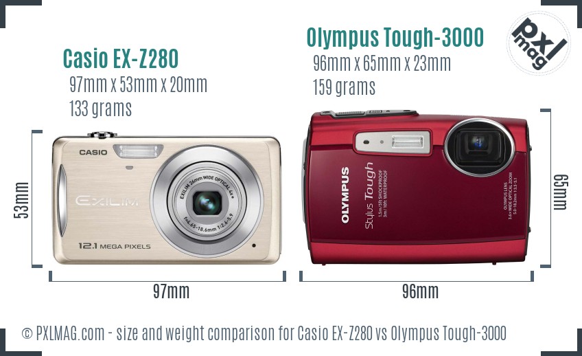Casio EX-Z280 vs Olympus Tough-3000 size comparison