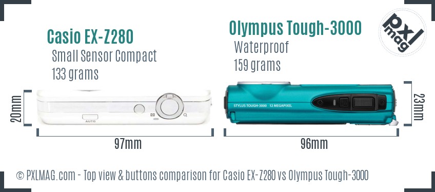 Casio EX-Z280 vs Olympus Tough-3000 top view buttons comparison