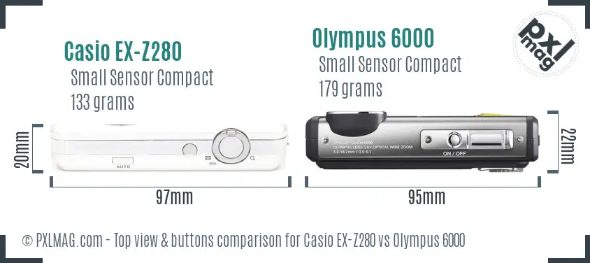 Casio EX-Z280 vs Olympus 6000 top view buttons comparison Casio EX-Z280 vs Olympus 6000 top view buttons comparison