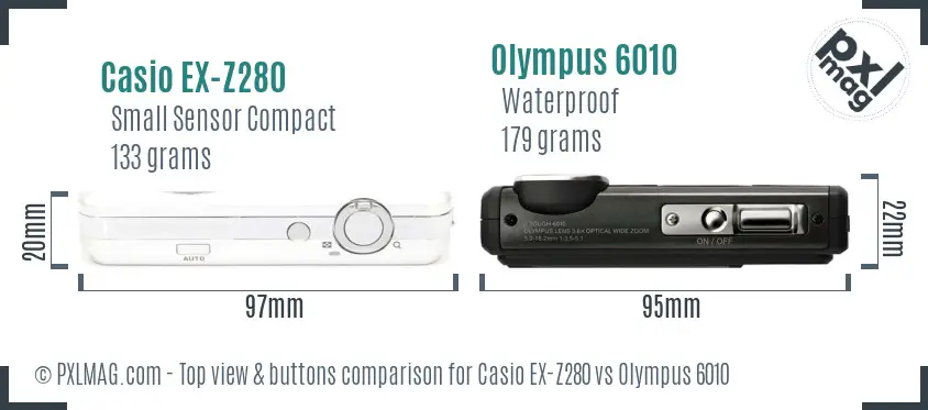 Casio EX-Z280 vs Olympus 6010 top view buttons comparison Casio EX-Z280 vs Olympus 6010 top view buttons comparison