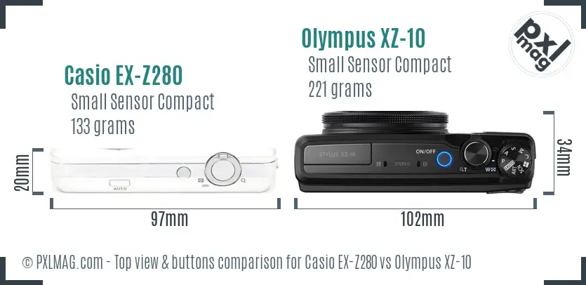 Casio EX-Z280 vs Olympus XZ-10 top view buttons comparison
