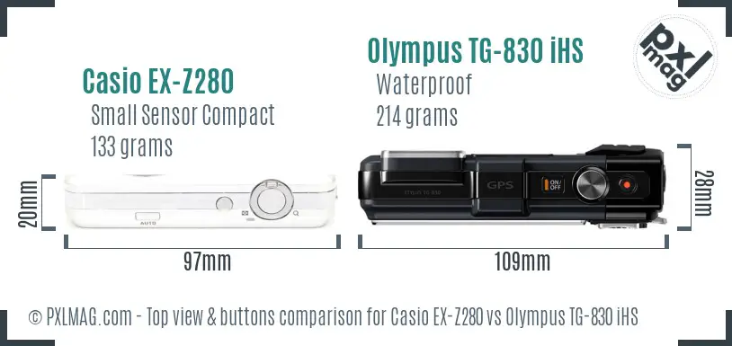 Casio EX-Z280 vs Olympus TG-830 iHS top view buttons comparison