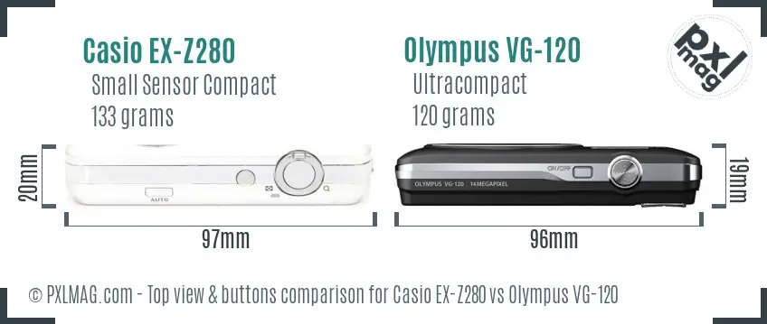 Casio EX-Z280 vs Olympus VG-120 top view buttons comparison Casio EX-Z280 vs Olympus VG-120 top view buttons comparison