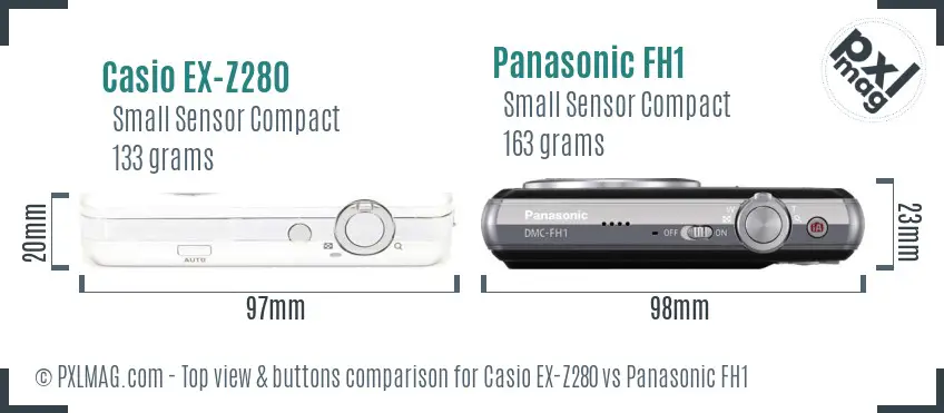 Casio EX-Z280 vs Panasonic FH1 top view buttons comparison Casio EX-Z280 vs Panasonic FH1 top view buttons comparison