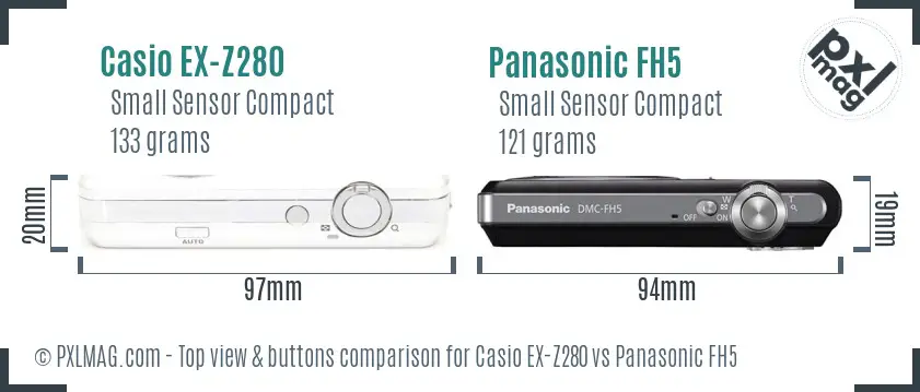 Casio EX-Z280 vs Panasonic FH5 top view buttons comparison Casio EX-Z280 vs Panasonic FH5 top view buttons comparison