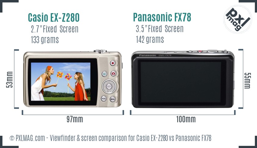 Casio EX-Z280 vs Panasonic FX78 Screen and Viewfinder comparison