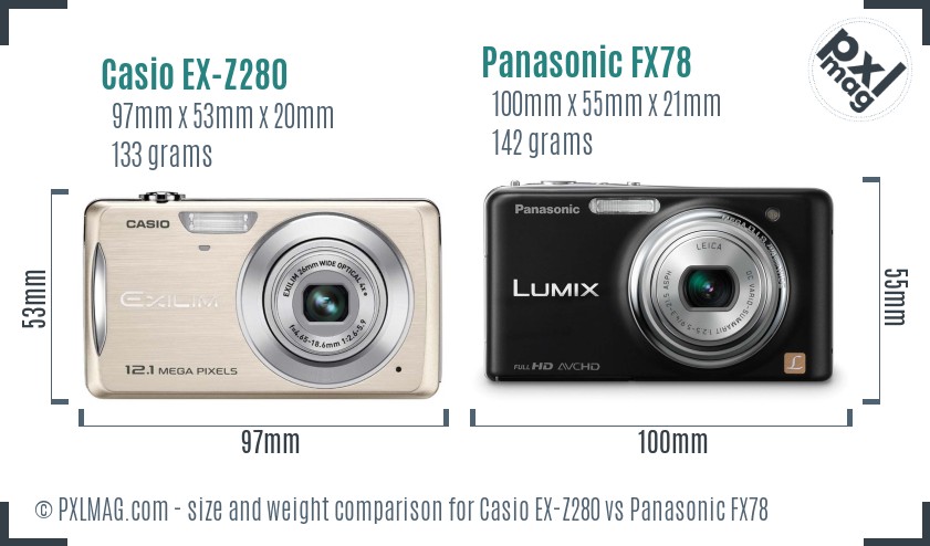 Casio EX-Z280 vs Panasonic FX78 size comparison