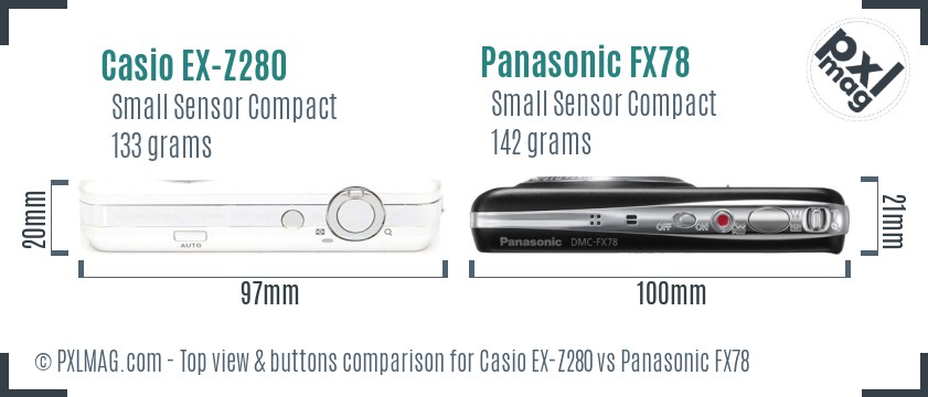 Casio EX-Z280 vs Panasonic FX78 top view buttons comparison