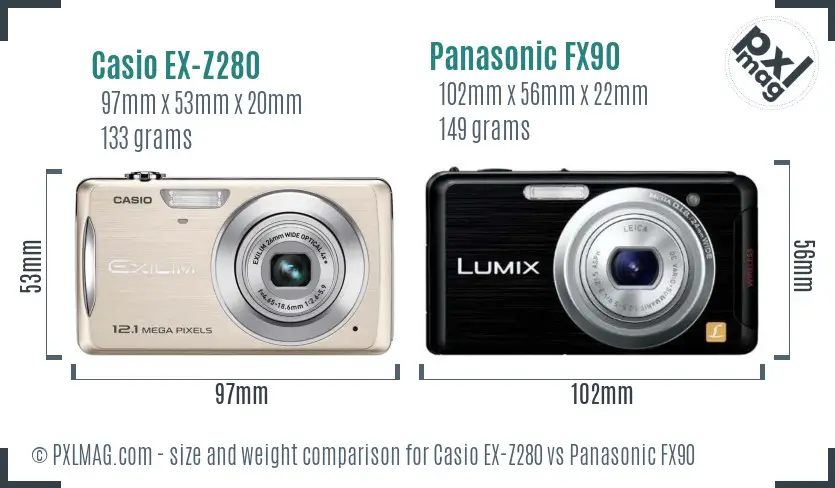 Casio EX-Z280 vs Panasonic FX90 size comparison