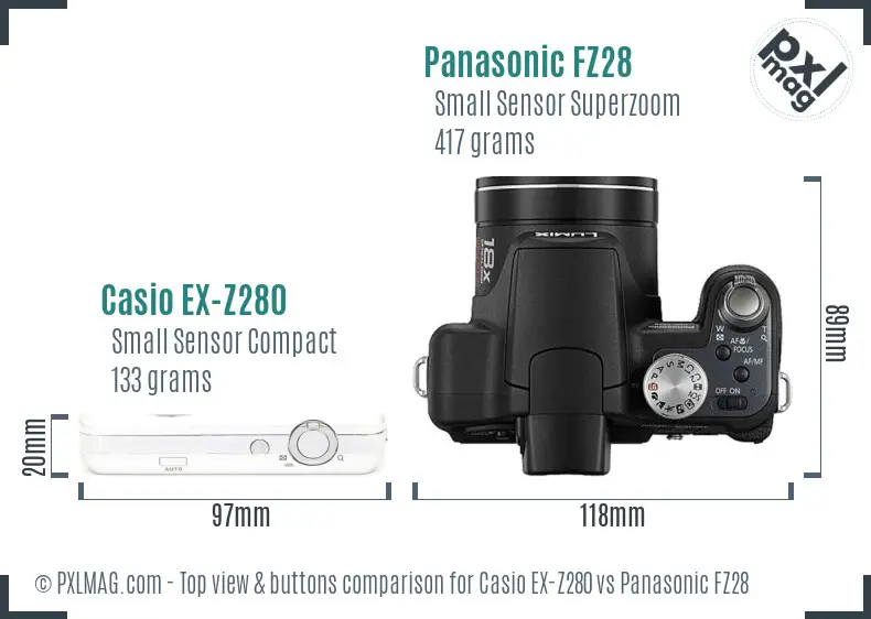 Casio EX-Z280 vs Panasonic FZ28 top view buttons comparison Casio EX-Z280 vs Panasonic FZ28 top view buttons comparison