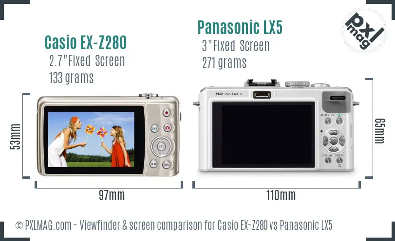 Casio EX-Z280 vs Panasonic LX5 Screen and Viewfinder comparison