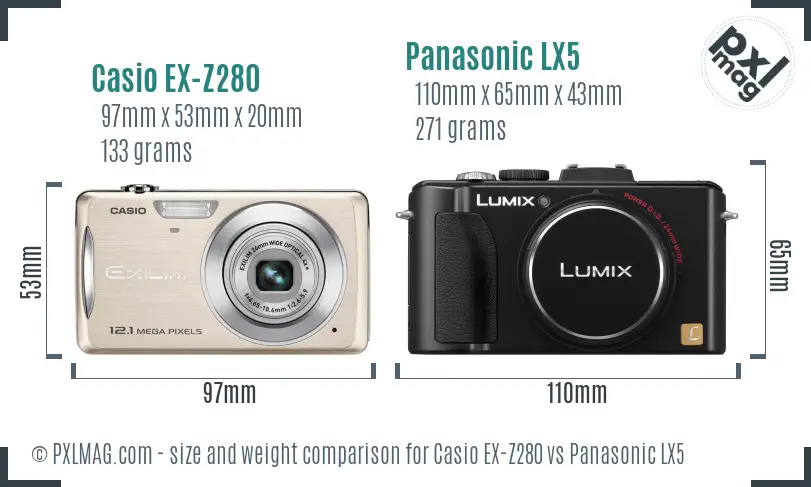 Casio EX-Z280 vs Panasonic LX5 size comparison
