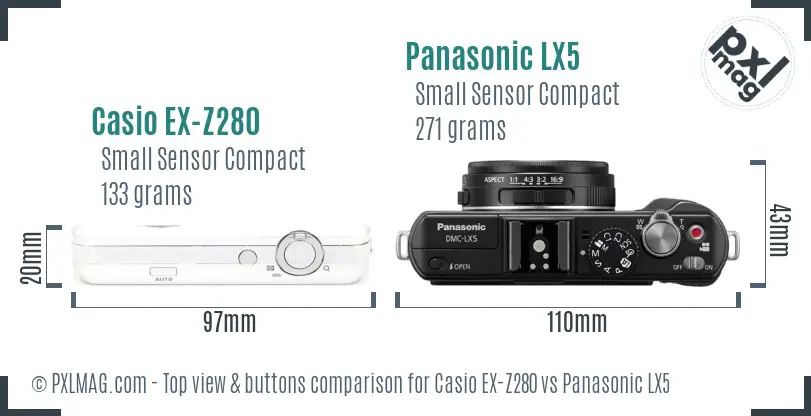 Casio EX-Z280 vs Panasonic LX5 top view buttons comparison