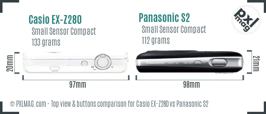 Casio EX-Z280 vs Panasonic S2 top view buttons comparison Casio EX-Z280 vs Panasonic S2 top view buttons comparison