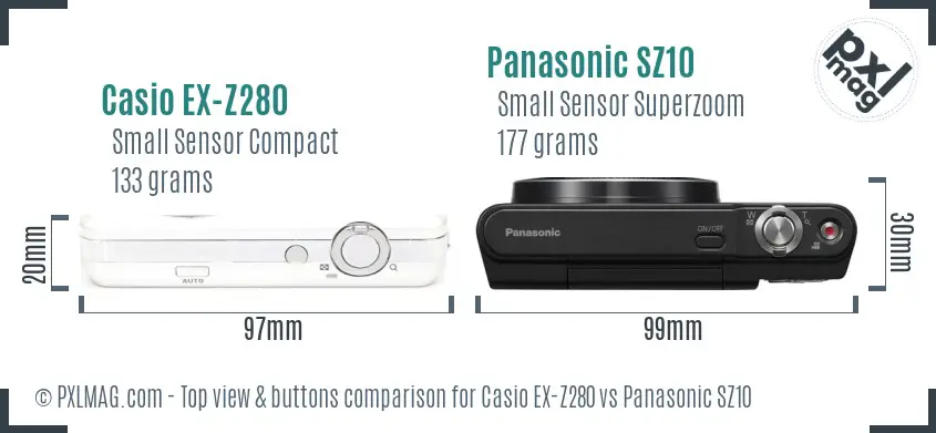 Casio EX-Z280 vs Panasonic SZ10 top view buttons comparison Casio EX-Z280 vs Panasonic SZ10 top view buttons comparison