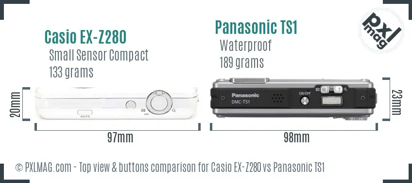 Casio EX-Z280 vs Panasonic TS1 top view buttons comparison Casio EX-Z280 vs Panasonic TS1 top view buttons comparison