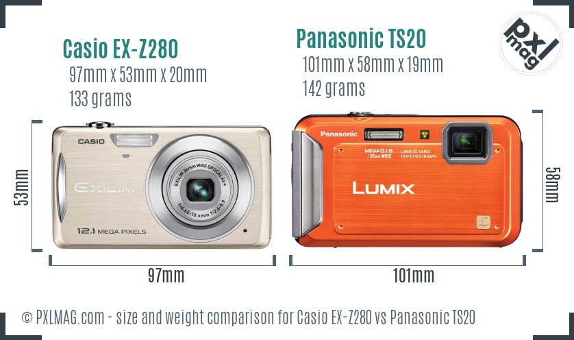 Casio EX-Z280 vs Panasonic TS20 size comparison