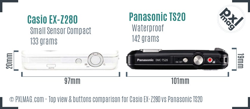 Casio EX-Z280 vs Panasonic TS20 top view buttons comparison
