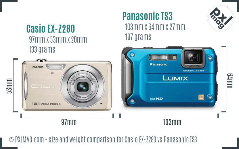 Casio EX-Z280 vs Panasonic TS3 size comparison