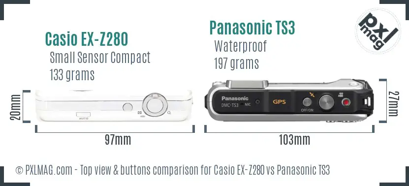 Casio EX-Z280 vs Panasonic TS3 top view buttons comparison