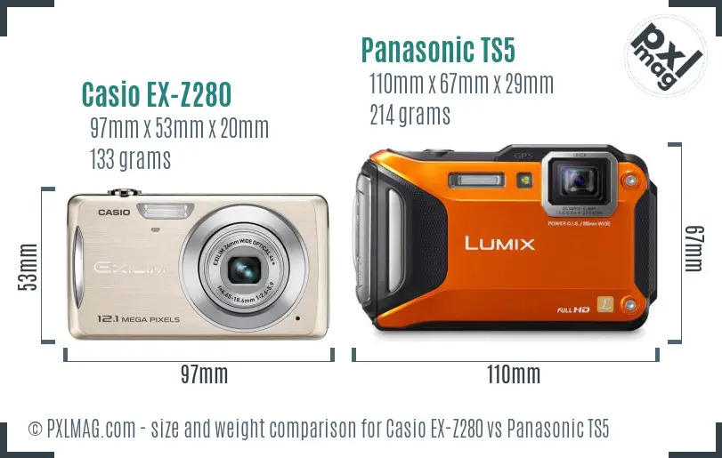 Casio EX-Z280 vs Panasonic TS5 size comparison