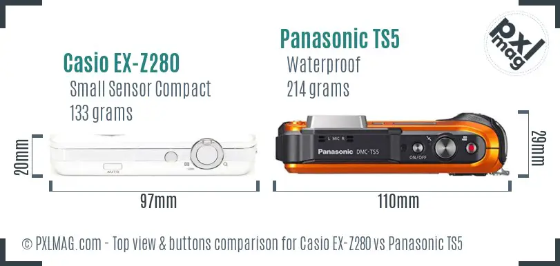 Casio EX-Z280 vs Panasonic TS5 top view buttons comparison